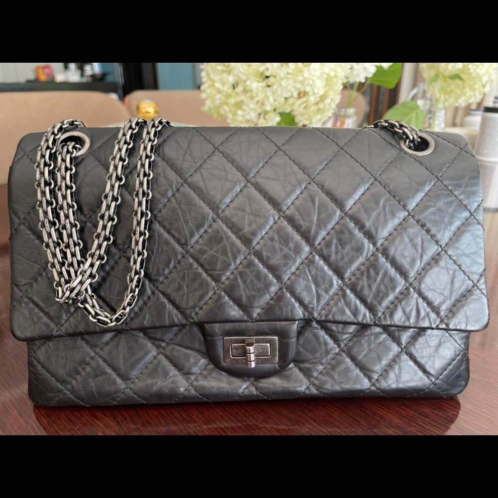 Chanel Reissue 2.55 black Flap Bag in silver hardware, aged Calfskin/